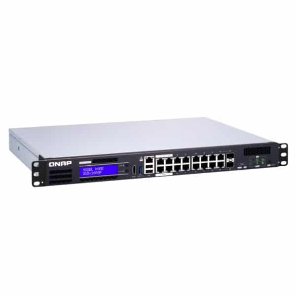 QNAP QGD-1600P-4G 2-Bay rack-mountable hybrid NAS/switch from the top left