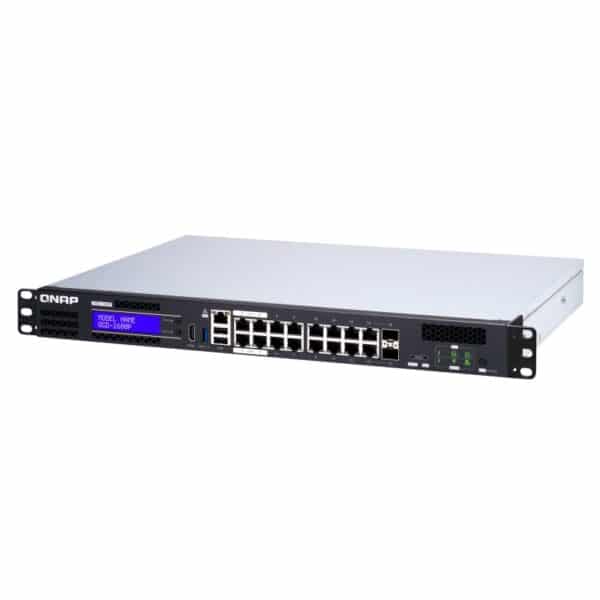 QNAP QGD-1600P-4G 2-Bay rack-mountable hybrid NAS/switch from the top right