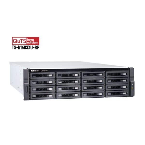 QNAP TS-h1683XU-RP 16-bay rack-mountable NAS from the top left