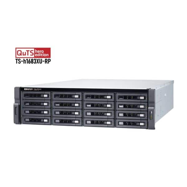 QNAP TS-h1683XU-RP 16-bay rack-mountable NAS from the top right