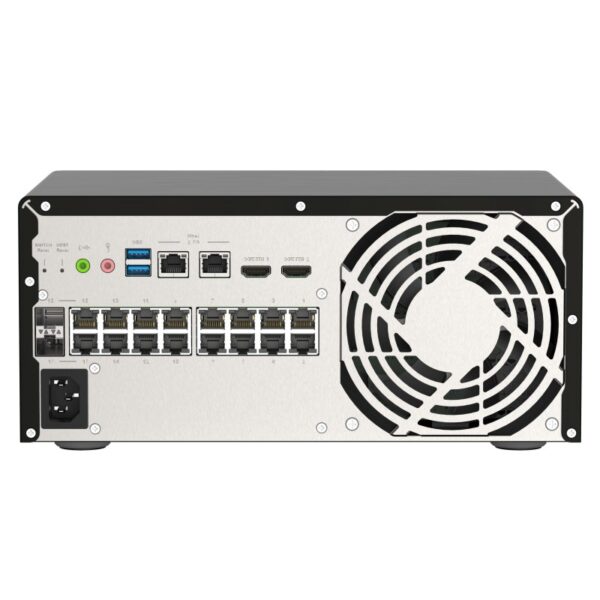 Back panel of the QNAP QGD-3014-16PT Tower NAS/Switch