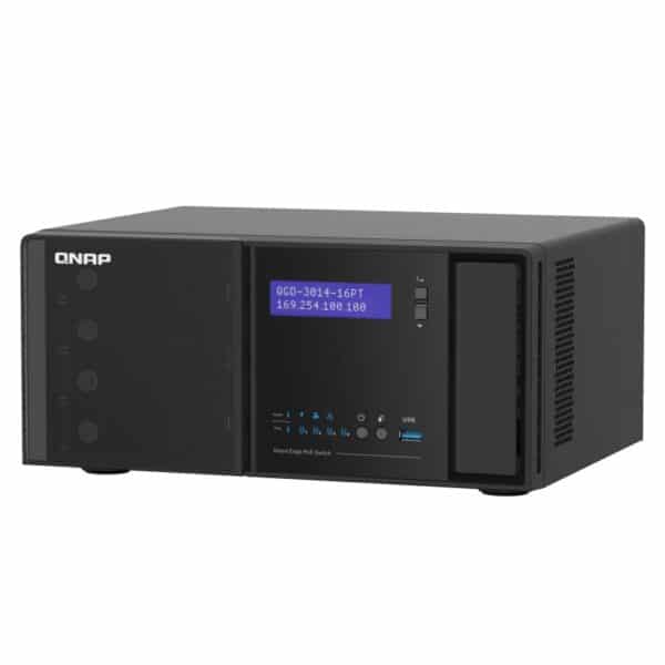 QNAP QGD-3014-16PT Tower NAS/Switch from the top right