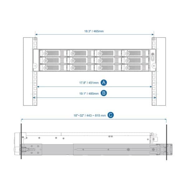 QNAP Rail-B02 rack kit measurements