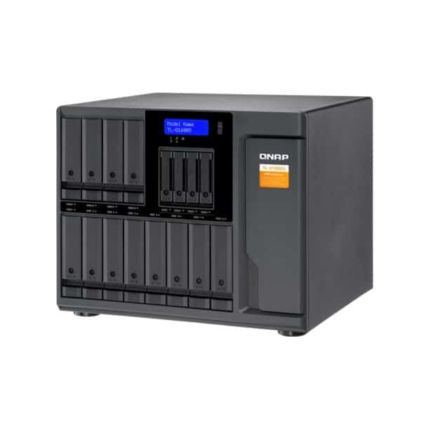 QNAP TL-D1600S 16-bay tower storage enclosure from the top right