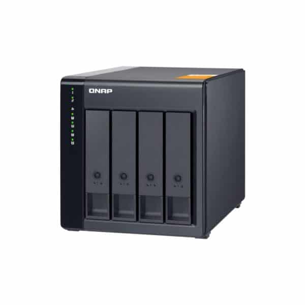 QNAP TL-D400S 4-bay tower storage enclosure from the top right