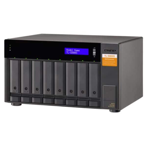QNAP TL-D800S 8-bay tower storage enclosure from the top right