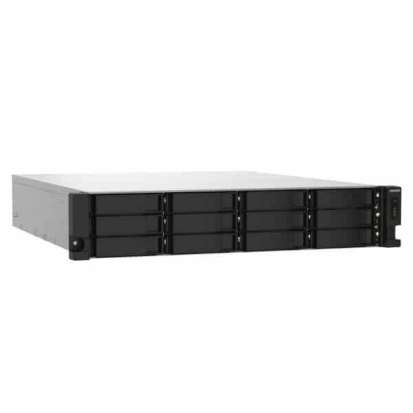QNAP TS-1232PXU-RP 12-bay rack-mountable NAS from the top left