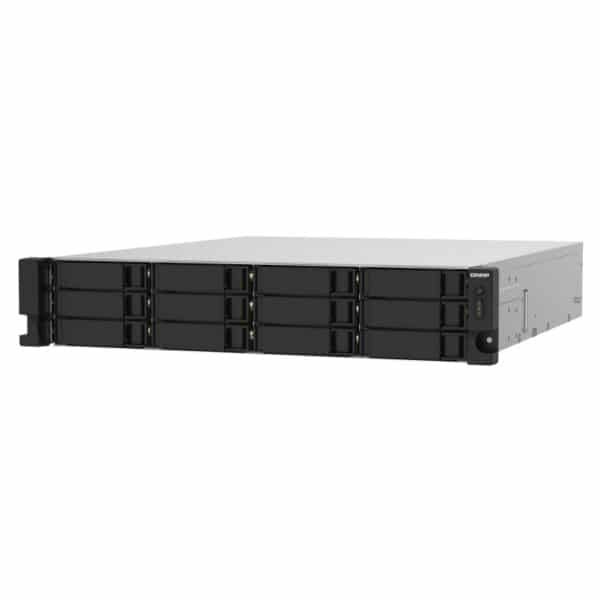 QNAP TS-1232PXU-RP 12-bay rack-mountable NAS from the top right