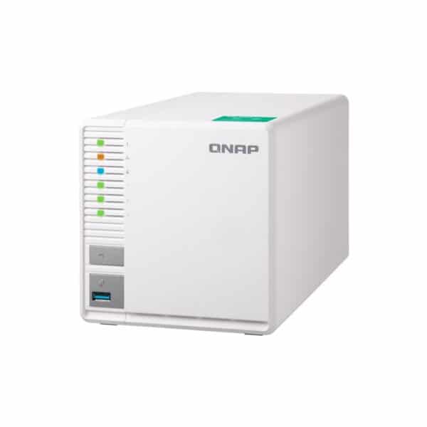 QNAP TS-328 3-bay tower NAS from the top right