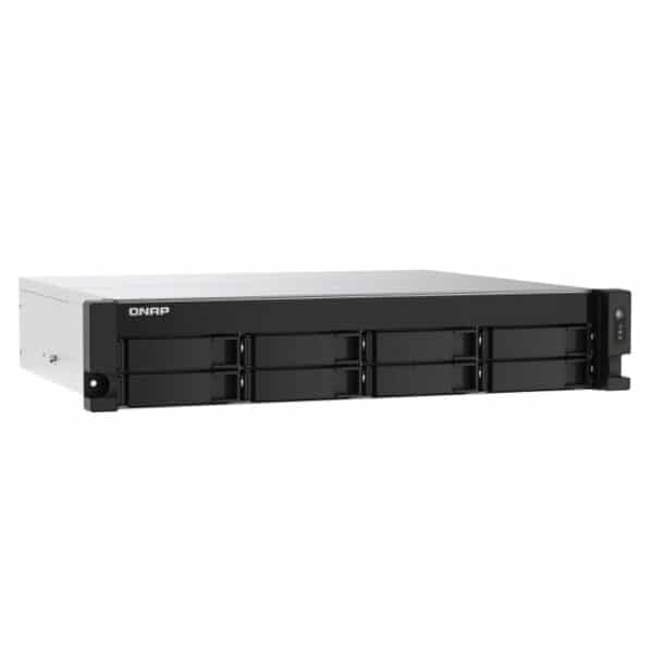 QNAP TS-873AU 8-bay rack-mountable NAS from the top left