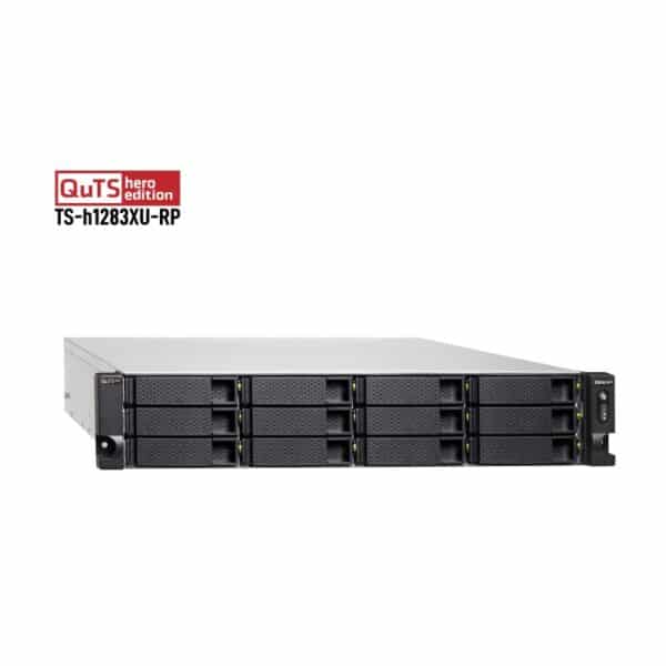 QNAP TS-h1283XU-RP 12-bay rack-mountable NAS from the top left