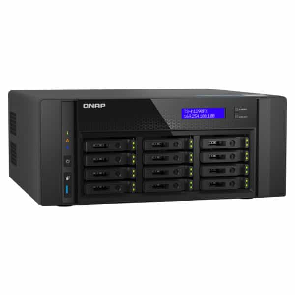 QNAP TS-h1290FX 12-Bay NAS from the top left