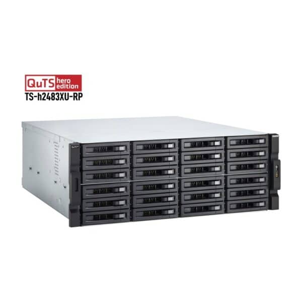 QNAP TS-h2483XU-RP 24-bay rack-mountable NAS from the top left