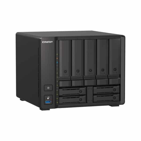 QNAP TS-h973AX 9-Bay tower NAS from the top left