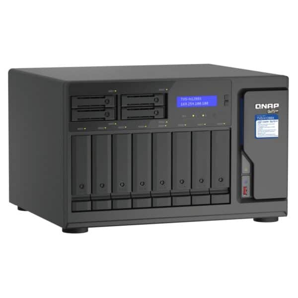QNAP TVS-h1288X 12-bay tower NAS from the top left