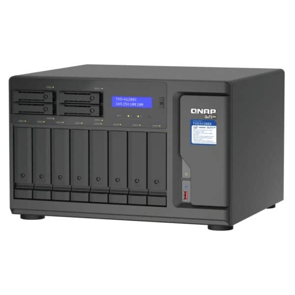 QNAP TVS-h1288X 12-bay tower NAS from the top right