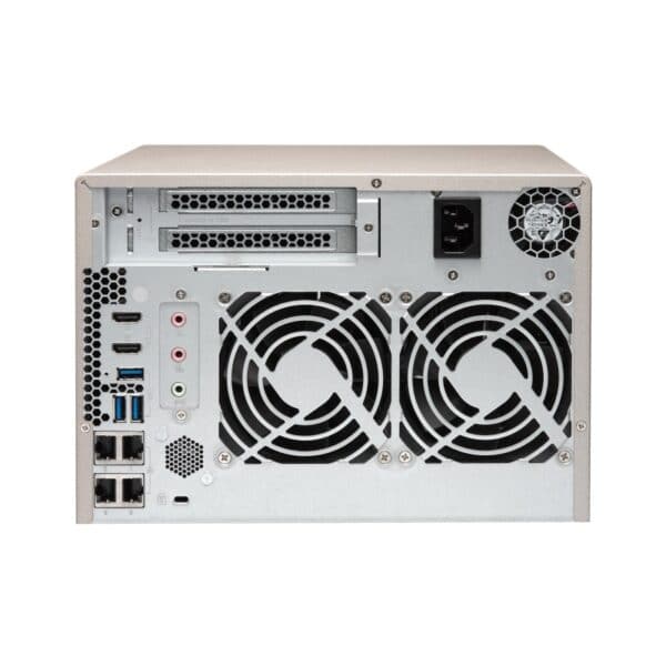 Back panel of the QNAP TVS-673e 6-bay tower NAS