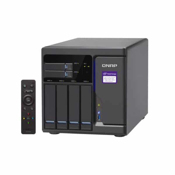 QNAP TVS-682 6-bay tower NAS from the top right with a remote control