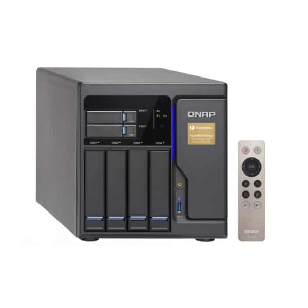 QNAP TVS-682T 6-bay tower NAS from the top left with a remote control